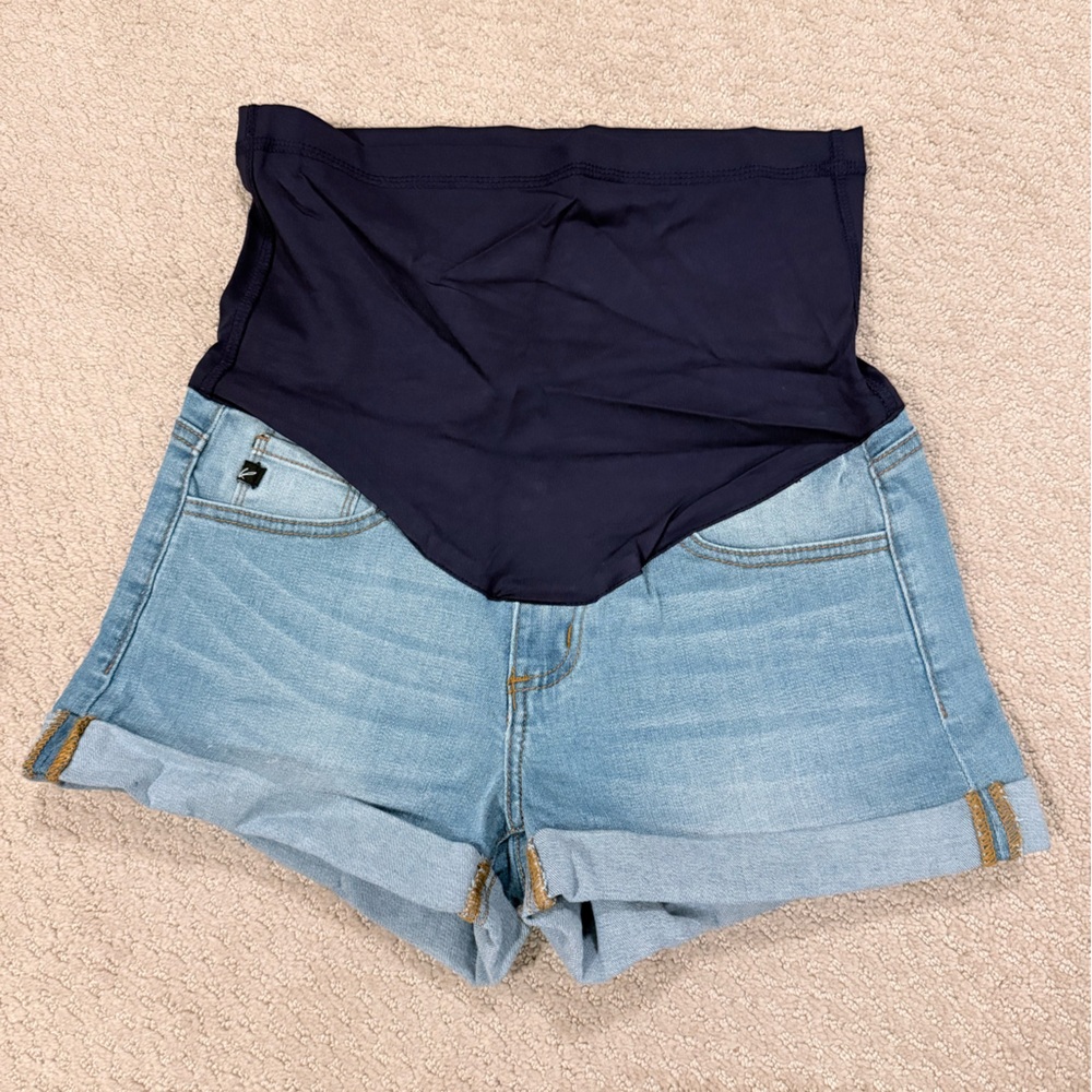 KanCan Navy Panel Light Wash Denim Maternity Shorts